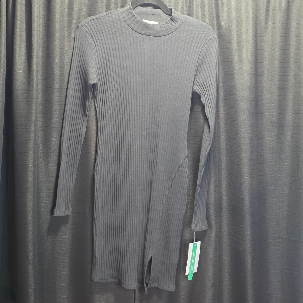 Stitch & Pine Women Black Ribbed Mock Neck Long Sleeve Midi Dress Slit SZ. M NEW - Picture 2 of 8